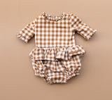 Gingham Wooden Button Romper - Cinnamon - Ready to ship