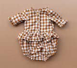 Gingham Wooden Button Romper - Cinnamon - Ready to ship