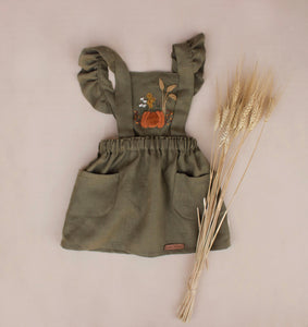 Fall Pumpkin Hand Embroidered 3 Piece Pinafore - Olive Green